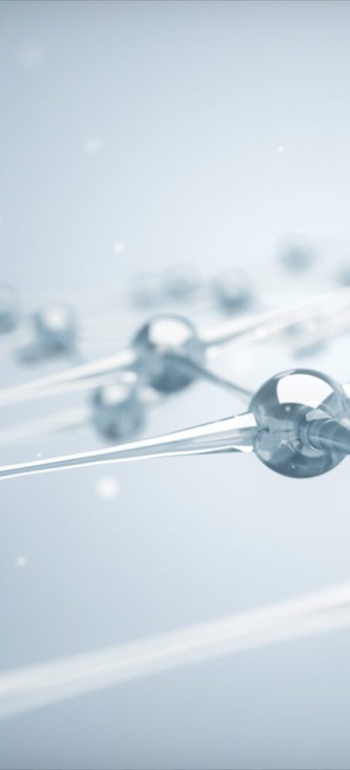 A network of molecules and atoms of glass and crystals constitute a single system. 3D illustration